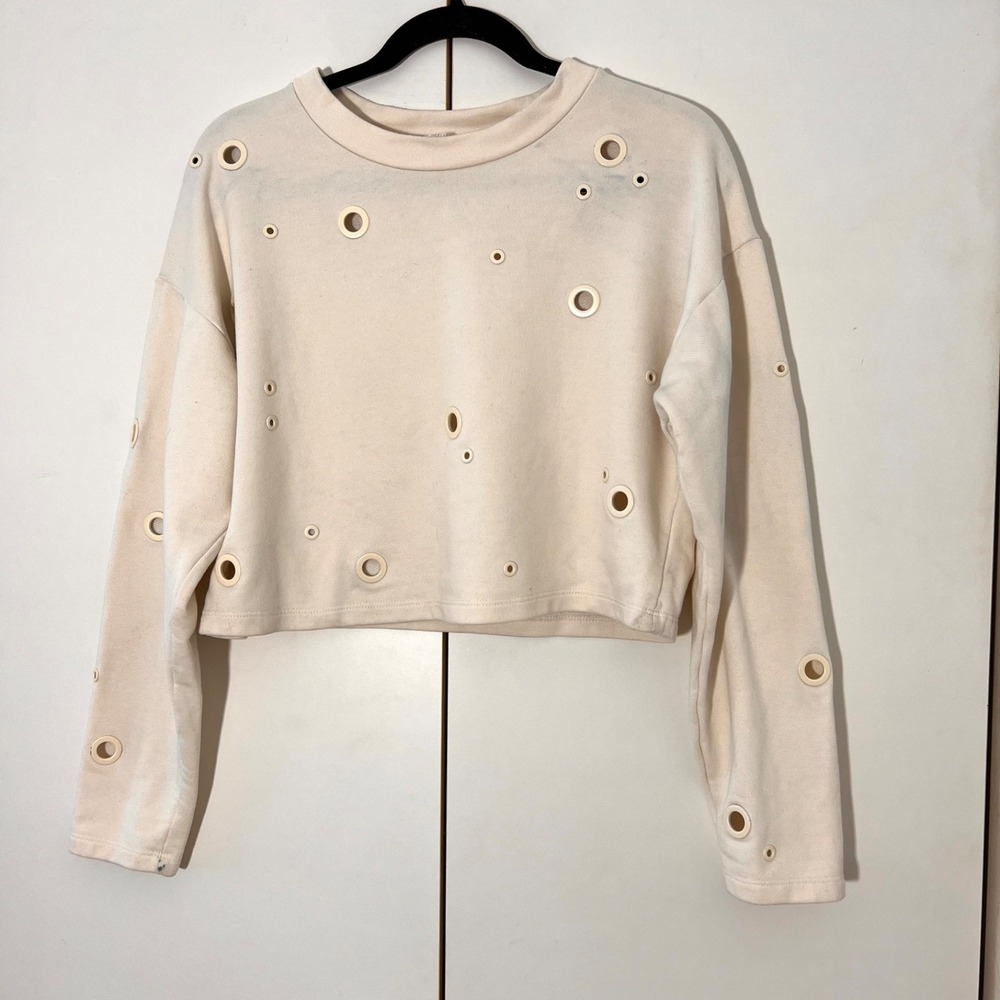 Alo Yoga Sweatshirt‎ Women S Cream Grommet Eyelet Cropped Activewear Pullover